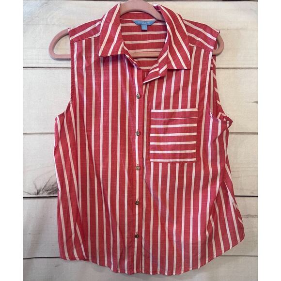 Draper James Size LG Sleeveless Button Up top Red with White Stripes Gold Button - Picture 1 of 7
